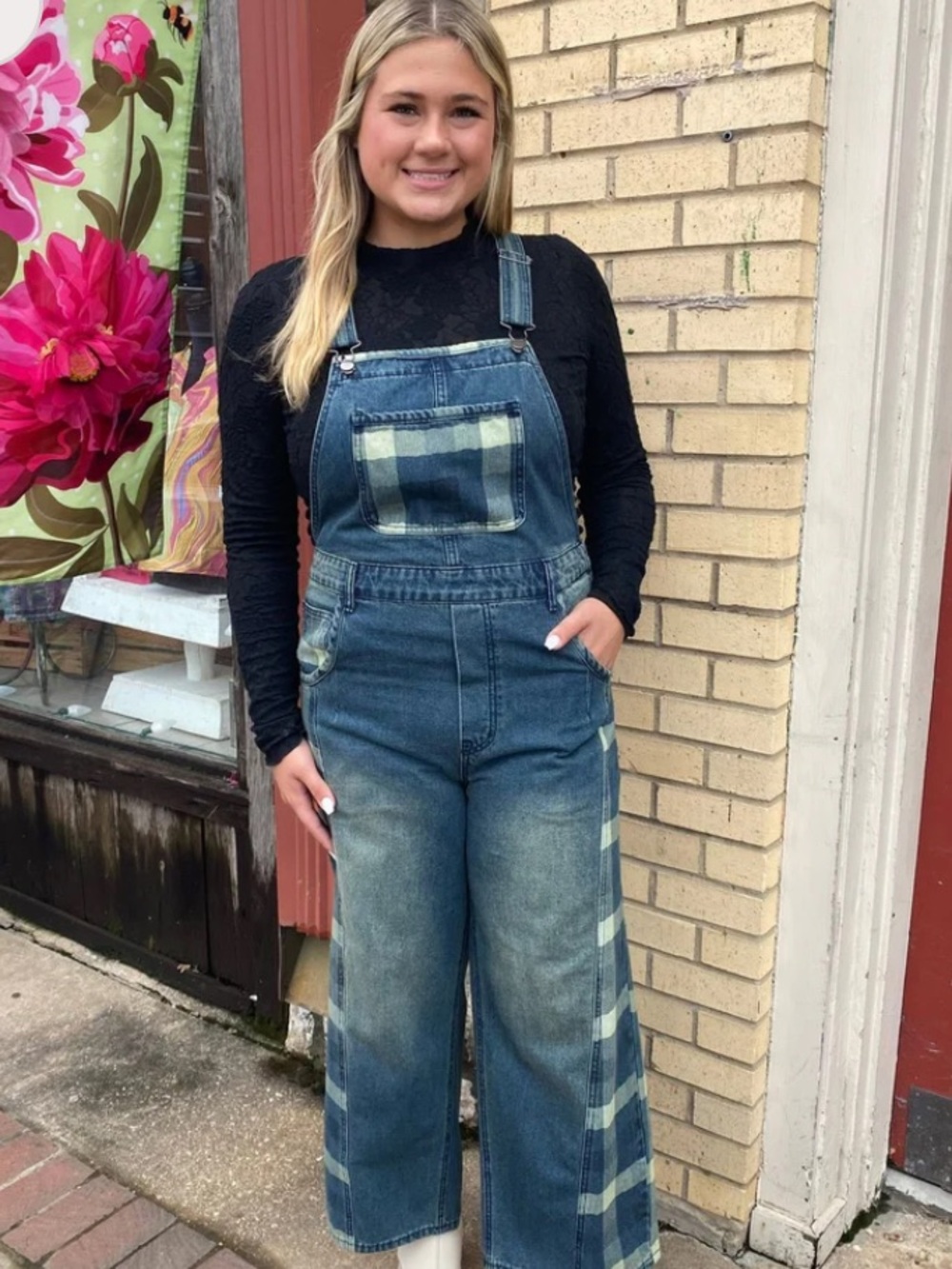 NWT Easel Playful Denim Plaid Inserts Overalls MEDIUM